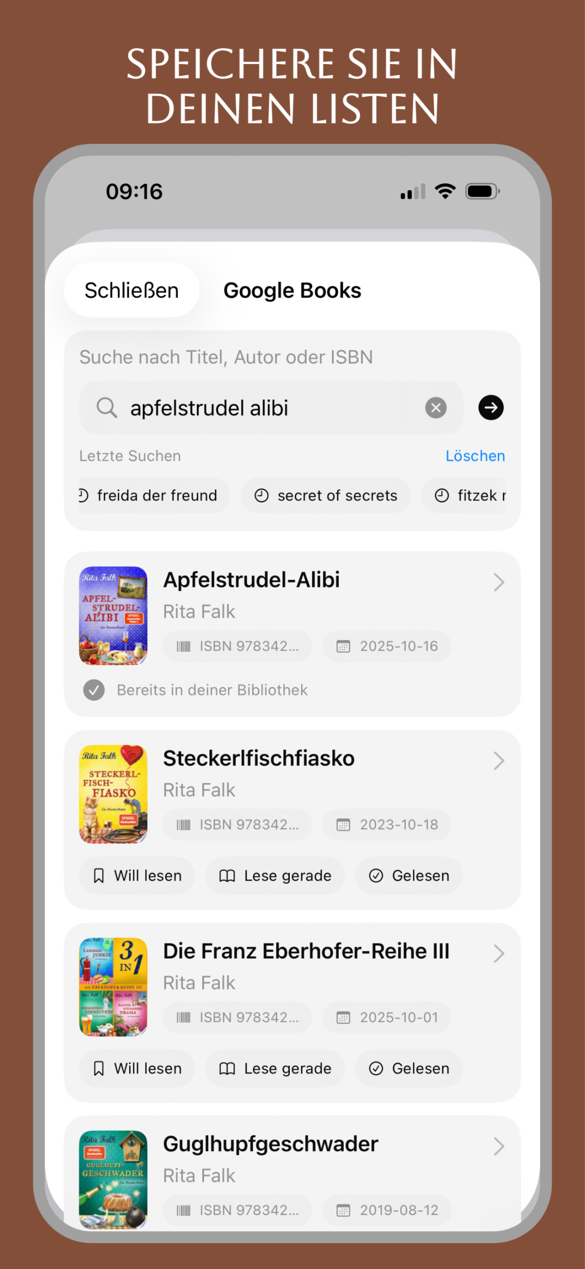 Speichere Bücher in deinen Listen